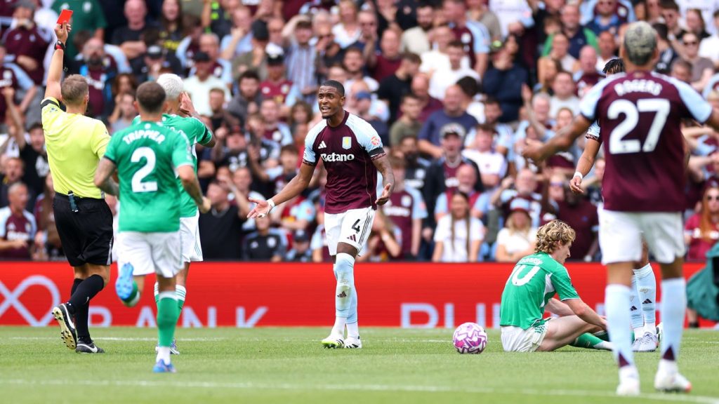 Ezri Konsa was sent off for hauling down Anthony Gordon as the last man (Photo Credit: Getty)