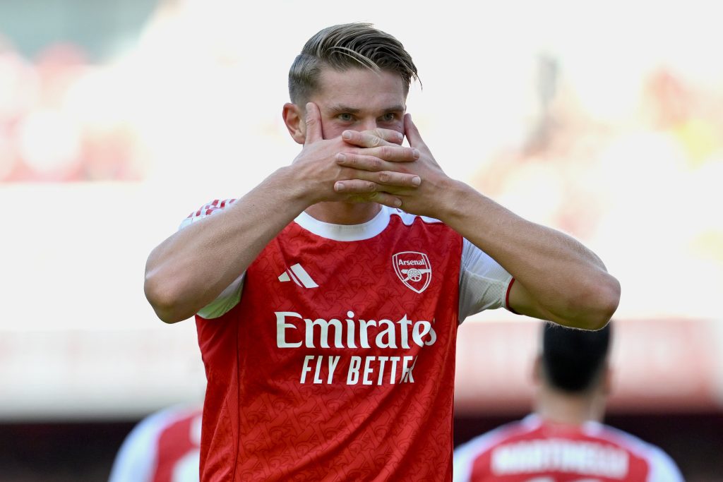 Viktor Gyokeres celebrating his first goal for Arsenal. (Photo Credit: Arsenal/X)