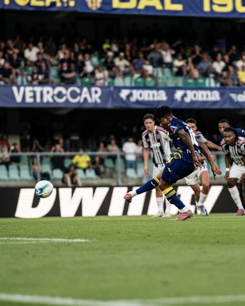 Gift Orban scores his debut goal for Verona this evening. (Credit: Verona on X).