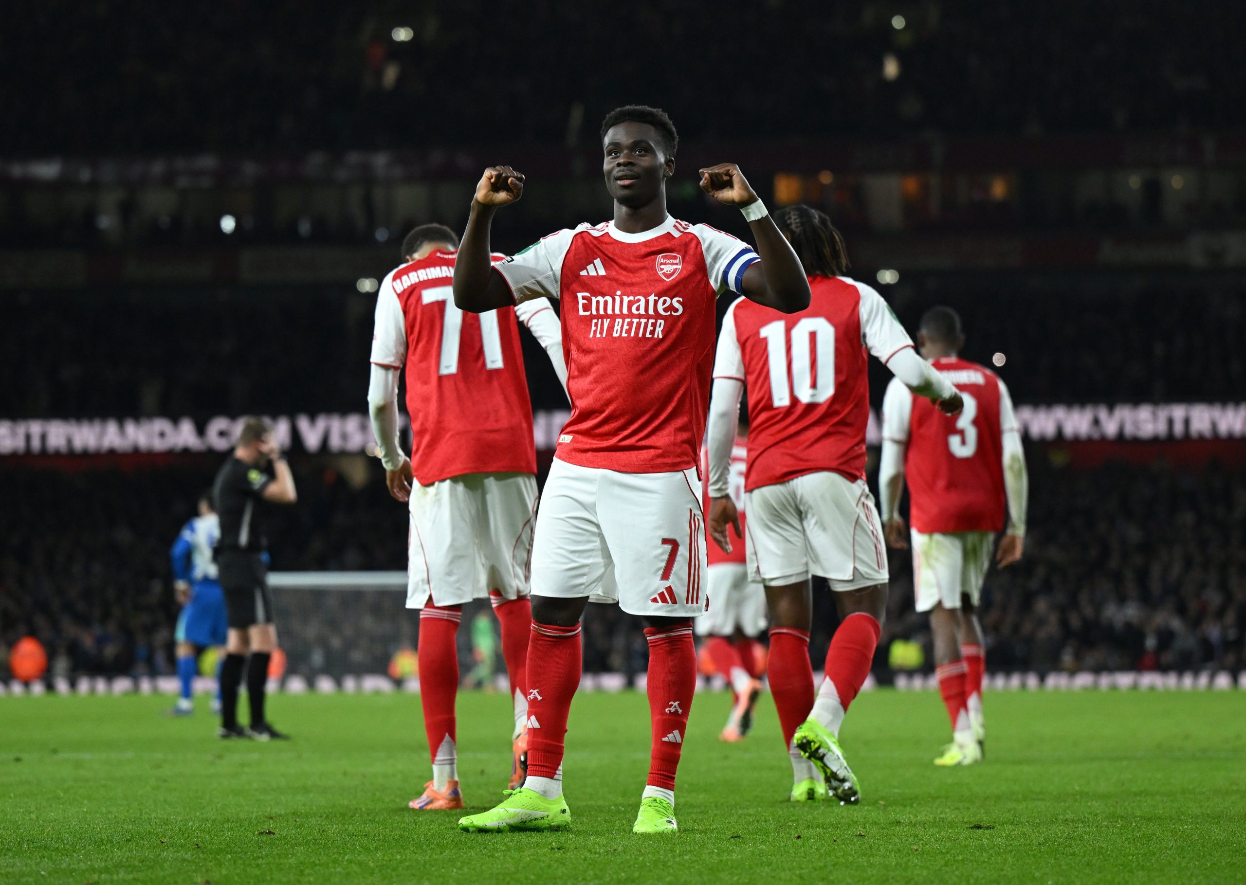 Bukayo Saka celebrates Arsenal's second goal against Brighton (Photo Credit: Arsenal X)