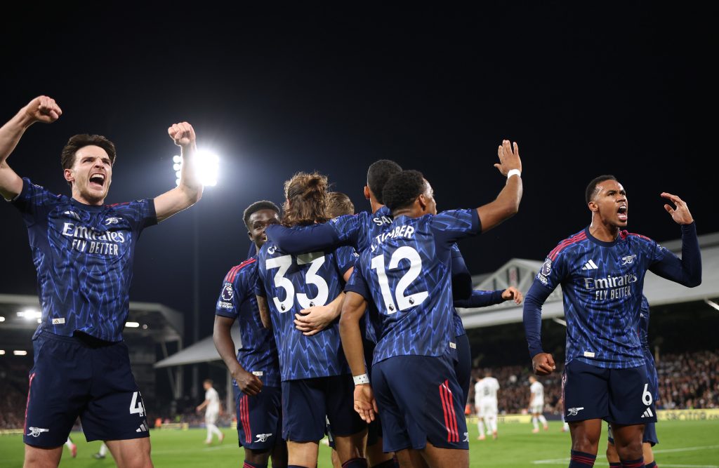 Arsenal players after scoring against Fulham (Photo Credit:  Arsenal X handle)