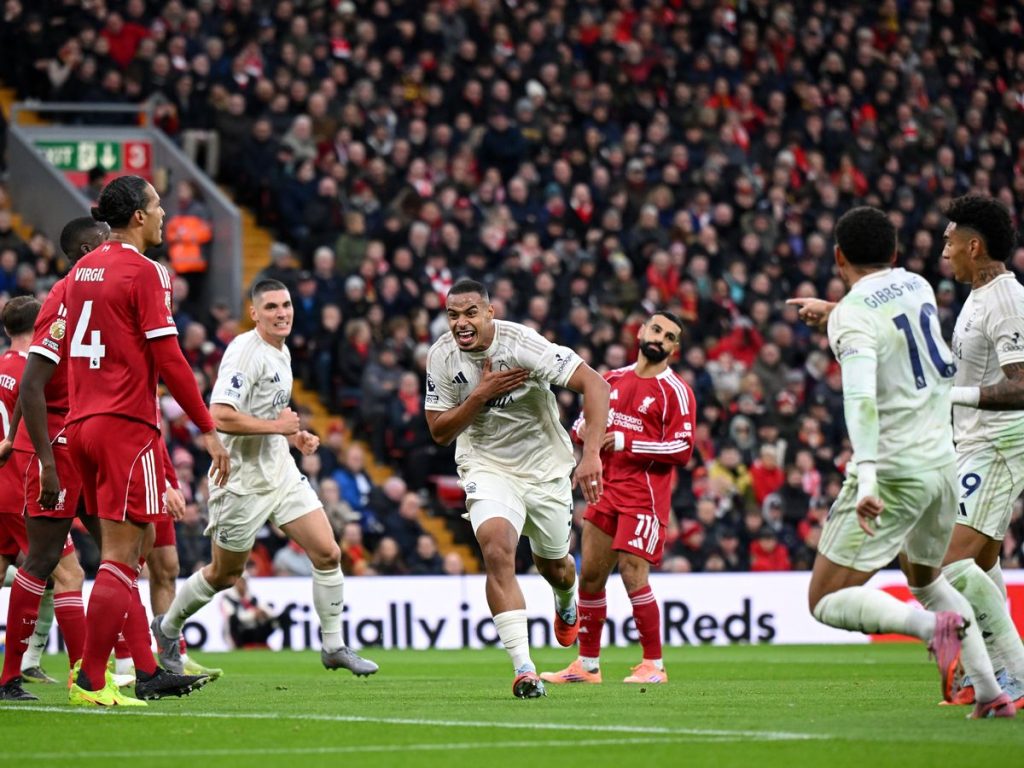 Murillo after scoring for Nottingham forest against Liverpool (Photo Credit: Premier League website)