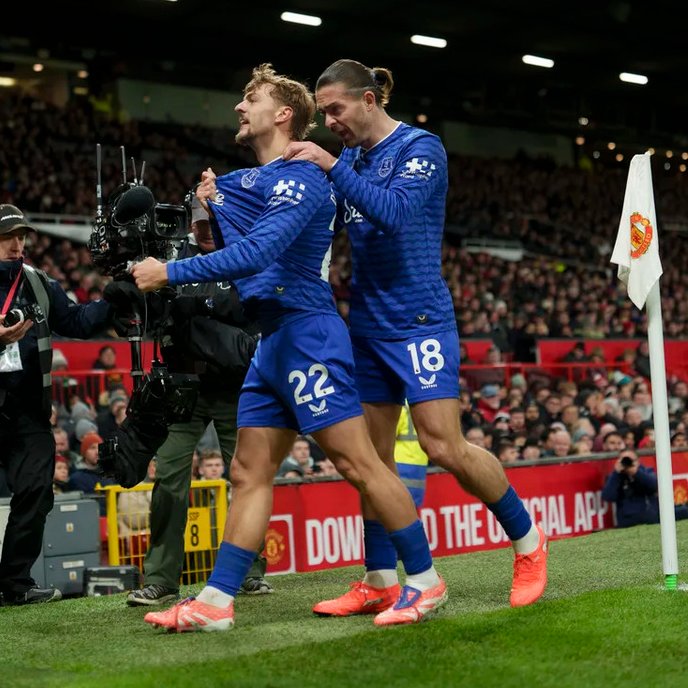 Kiernan Dewsbury-Hall  celebrates with teammate Jack Grealish after scoring for Everton (Photo Credit: Everton via X)