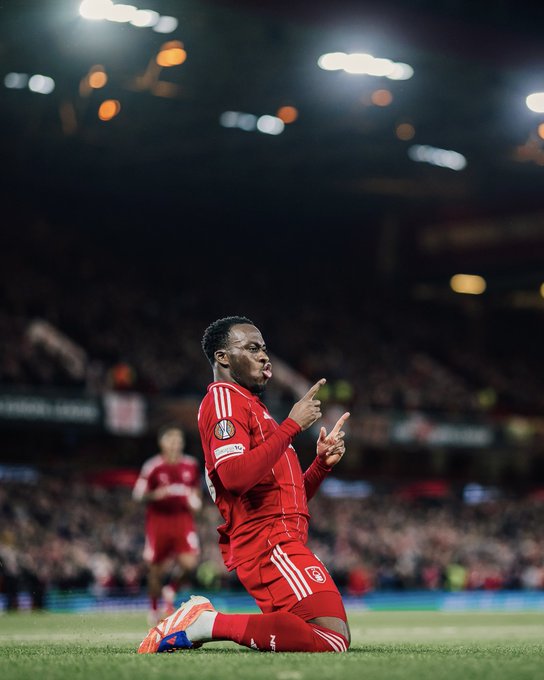 Kalimuendo after scoring the second goal (Photo Credit: Nottingham Forest via X)