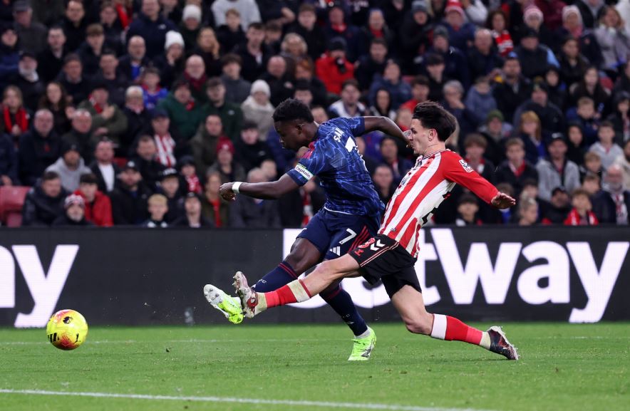 Bukayo Saka scores. (Photo Credit: Arsenal Media).