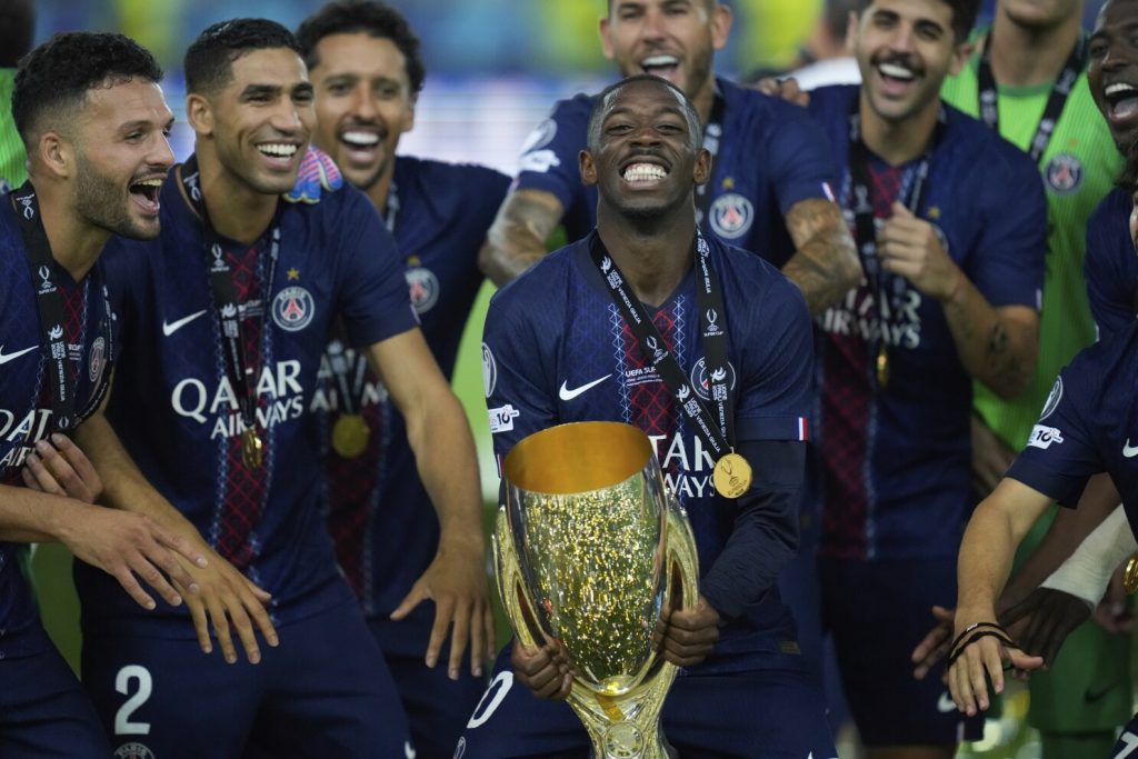 PSG's Ousmane Dembele celebrates with the trophy after winning the UEFA Super Cup between Paris Saint-Germain and Tottenham Hotspur(Photo Credit: PSG X handle)