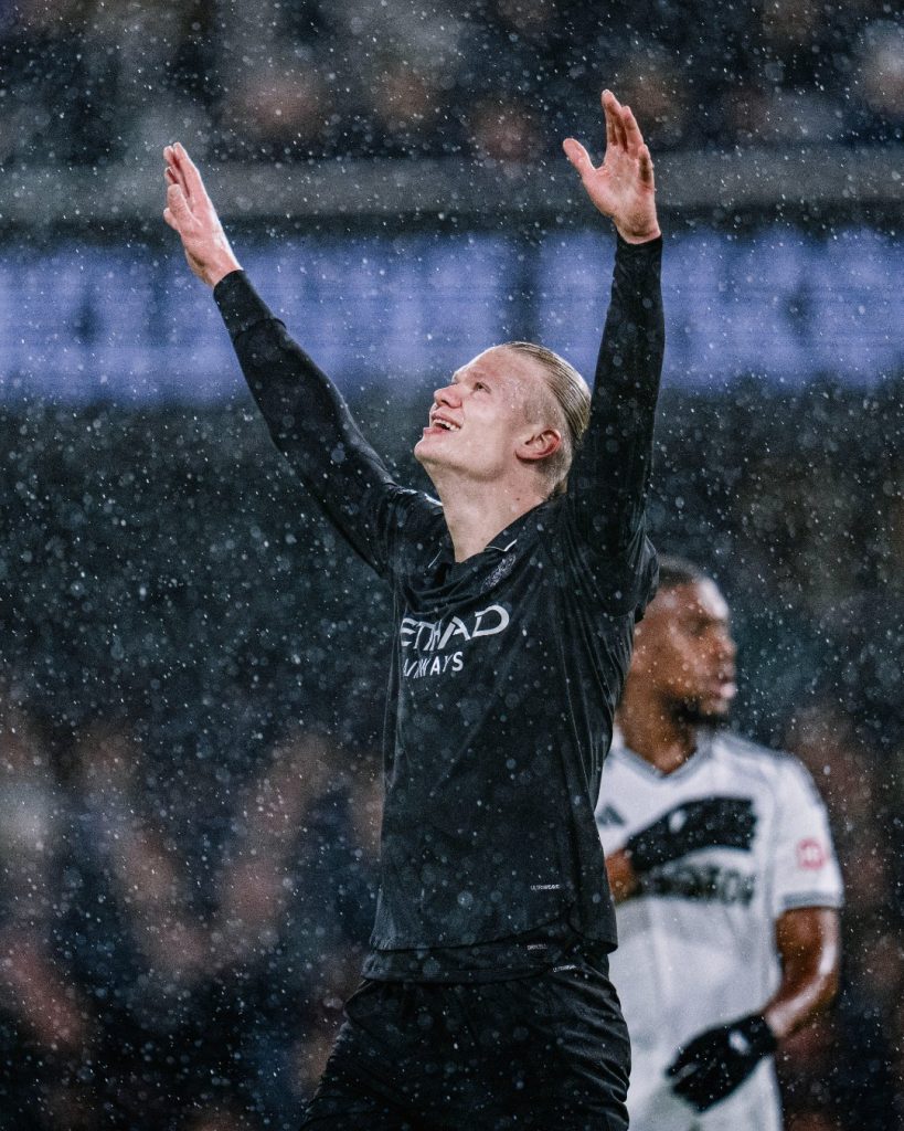 Erling Haaland after scoring his 100th Premier League goal for Manchester City (Photo Credit: Manchester City via X)