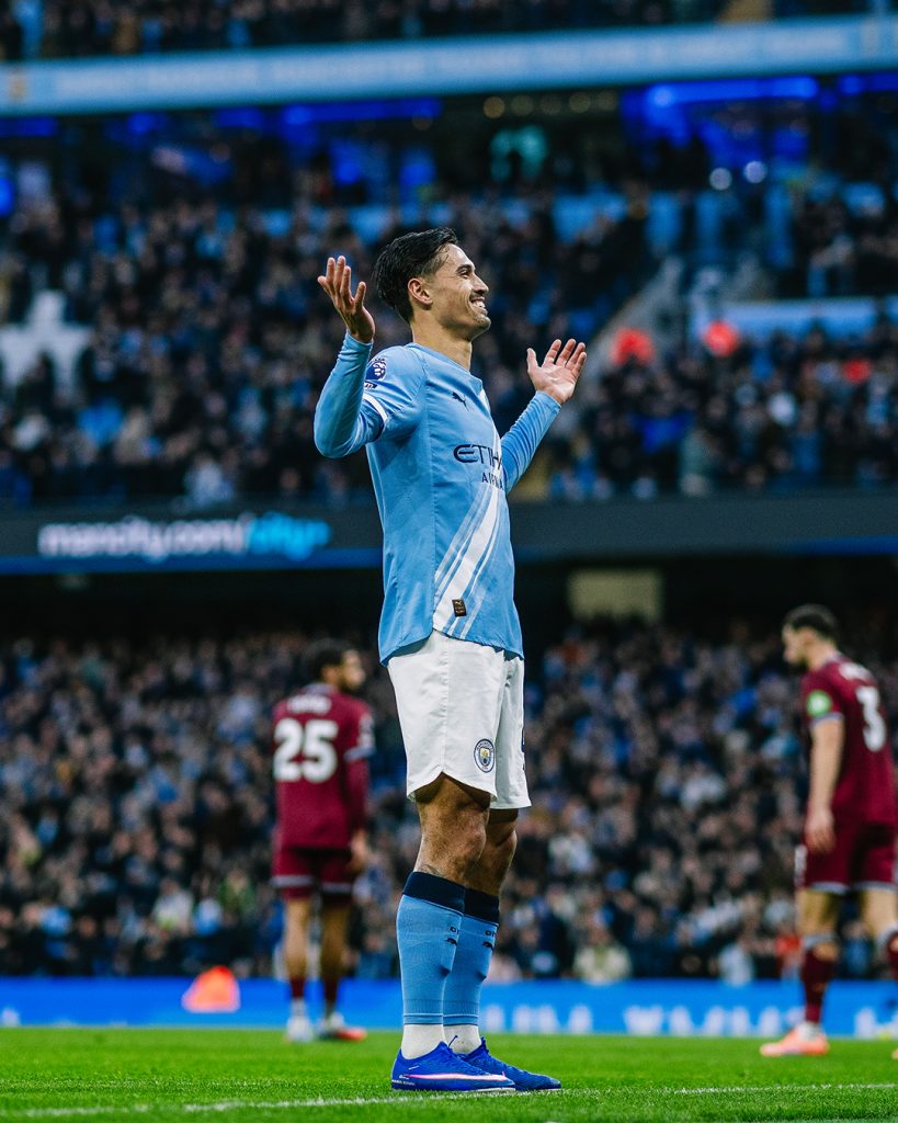 Tijjani Reijnders Celebrates after scoring for Manchester City (Photo Credit: Manchester City via X)