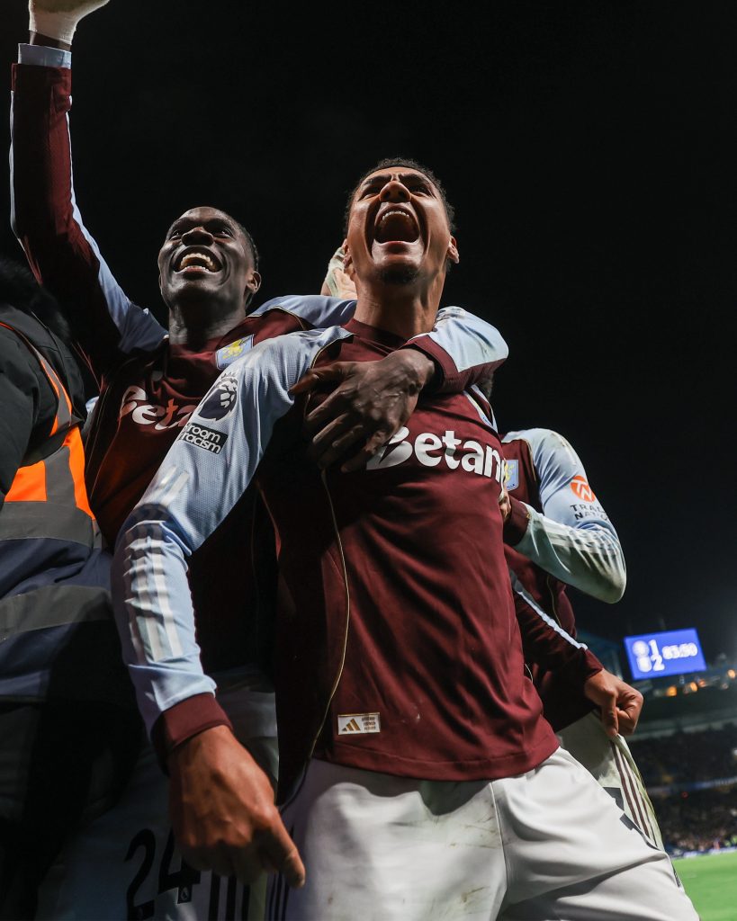Ollie Watkins celebrates after scoring his first goal (Photo Credit: Aston Villa via X)