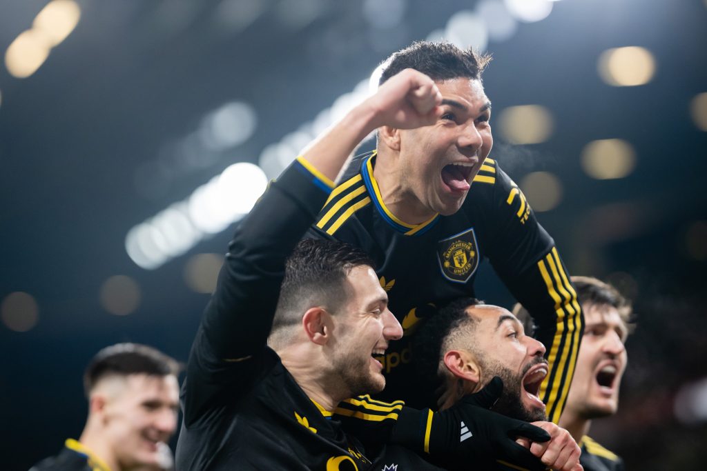 Manchester United players celebrate after scoring (Photo Credit: Manchester Unietd via X)