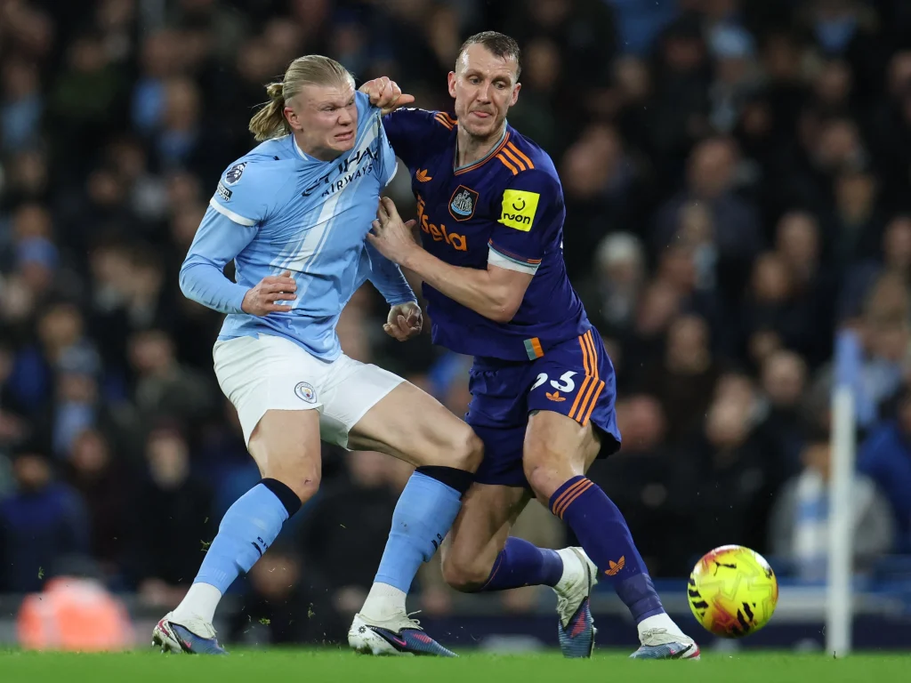 Erling Haaland wining a duel in Manchester City’s 2-1 victory over Newcastle United - Photo Credit : Newcastle United Website