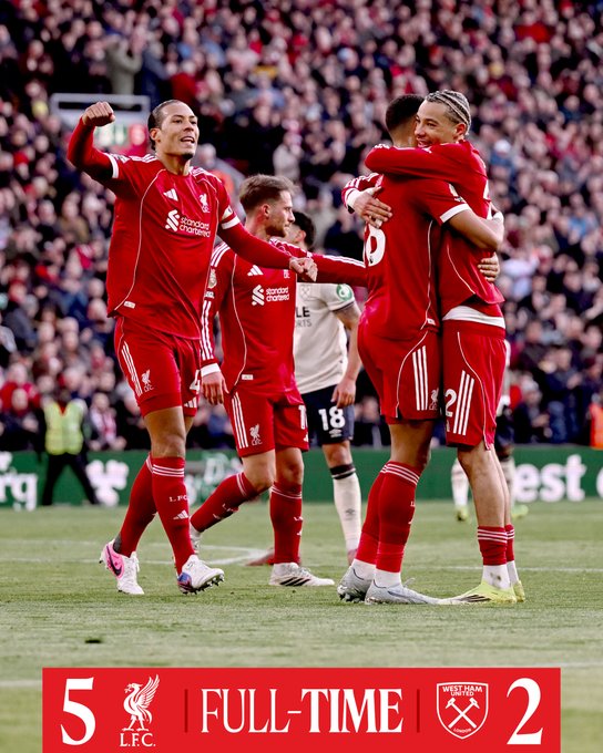 Liverpool 5-2 westham. (photo credit: Liverpool via x)
