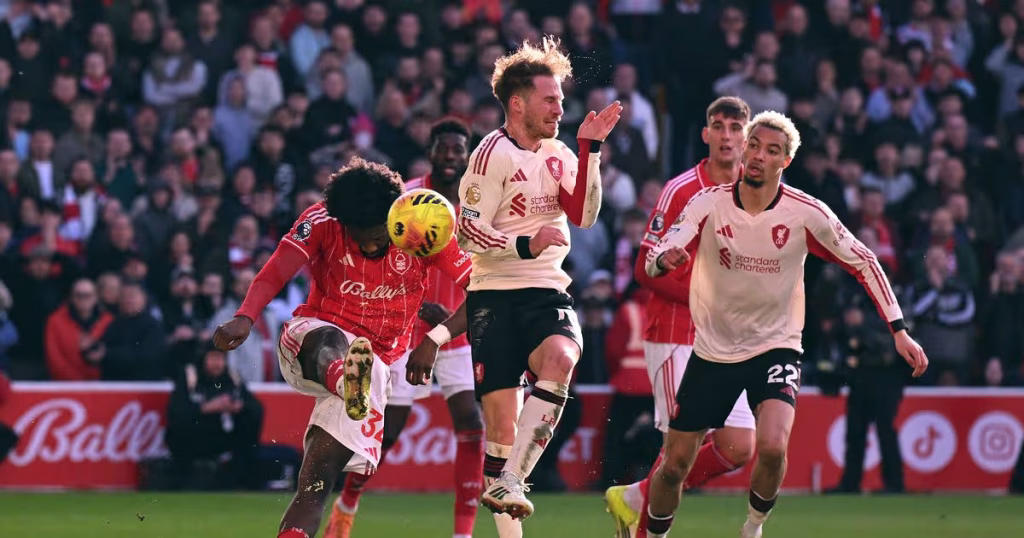Ola Aina hit the ball on Mac Allister arm as Mac Allister scores, and VAR rules out the Goal against forest - Photo Credit :  Liverpool Echo
