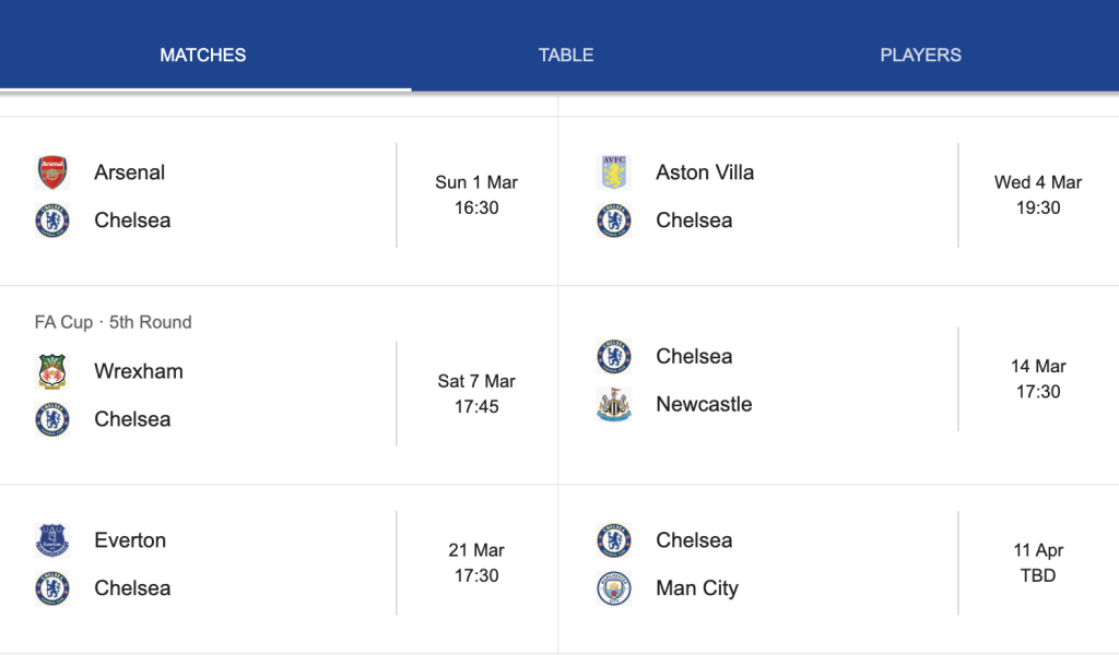 Chelsea’s Next Six Games in 25/26 Epl season - Photo Credit : Screen shot from Google search
