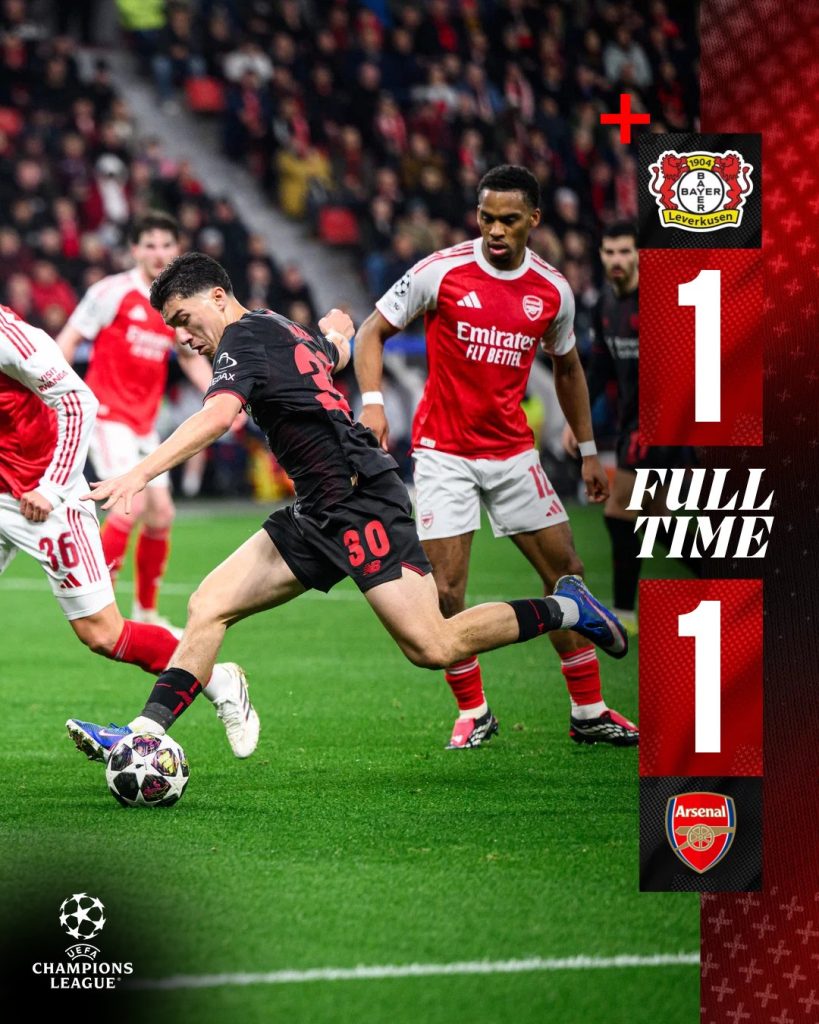 Arsenal held to a 1–1 draw away to Bayer 04 Leverkusen on Wednesday, March 11, in their UEFA Champions League Round of 16 clash - Photo Credit : Bayer 04 Leverkusen, X