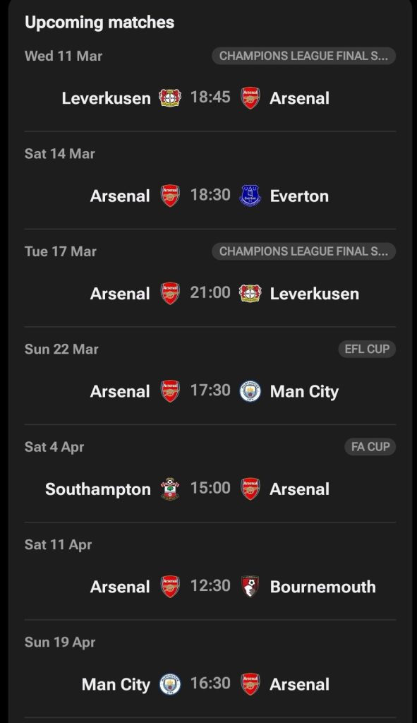 Arsenal’s upcoming fixtures (UK time) - Photo Credit : Softfootball, X