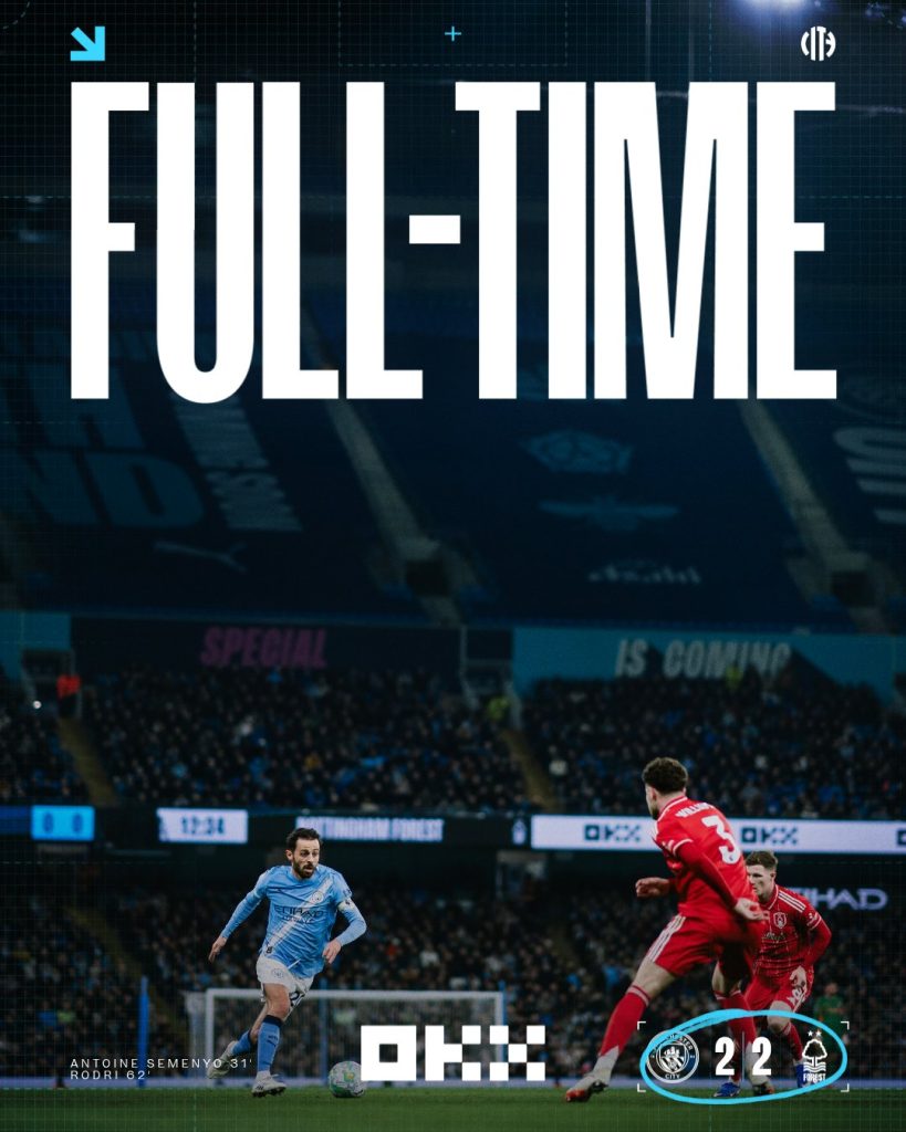 Manchester City Held to 2–2 Draw by Nottingham Forest - Photo Credit : Manchester City, X