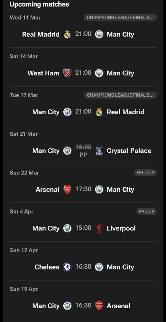 Manchester City’s upcoming fixtures (UK time) - Photo Credit : Softfootball Media