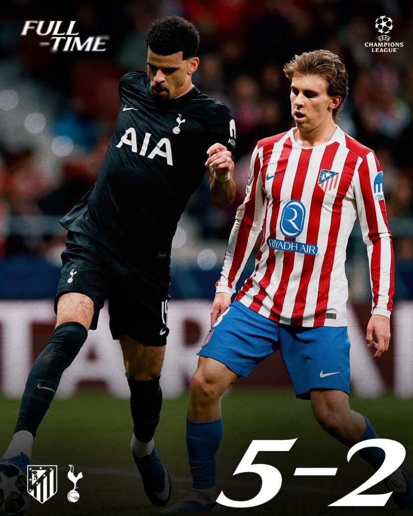Tottenham Hotspur heavily beaten 5–2 by Atlético Madrid in the 25:26 champions league round of 16 first leg - Photo Credit : Tottenham Hotspur