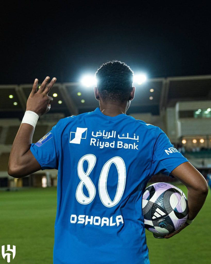 Asisat Oshoala with a ball while on Al Hilal Women team Jersey - Photo Credit : Julie Sports, Facebook
