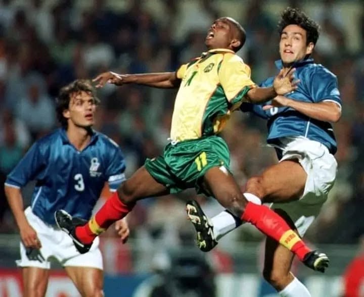 Eto'o earned his first cap with Cameroon one day before his 16th birthday on 9 March 1997, in a 5–0 friendly loss to Costa Rica - Photo Credit : Softfootball Media