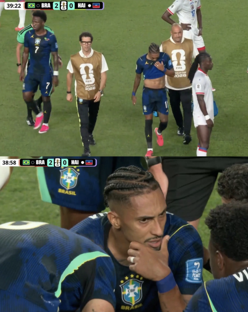 Raphinha leaves the pitch with an injury, subbed off as Brazil defeated Haiti 3–0 in their second match of the 2026 World Cup group stage - Photo Credit : Softfootball Media