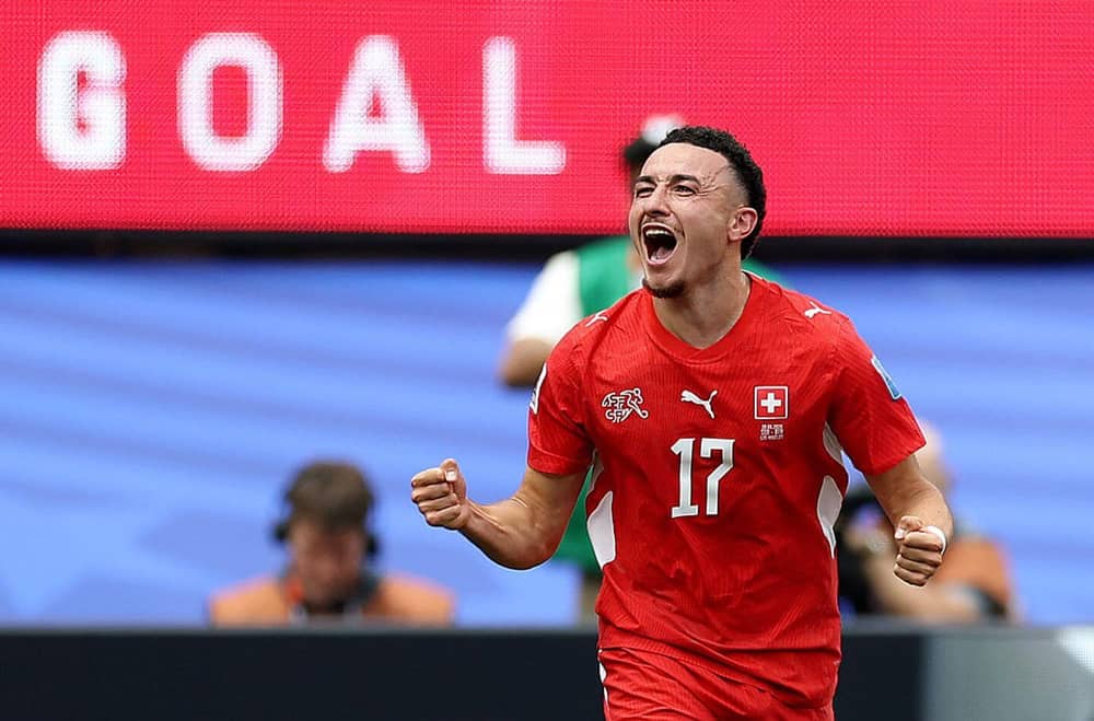 Ruben Vargas celebrates scoring Switzerland's second goal (Photo credit: New York Times)