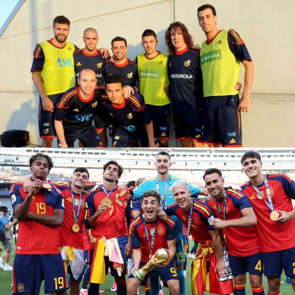 Barcelona players and x La Masia graduates during 2010 spain world cup win and 2026 world cup win - Photo Credit : Spain National football team, X