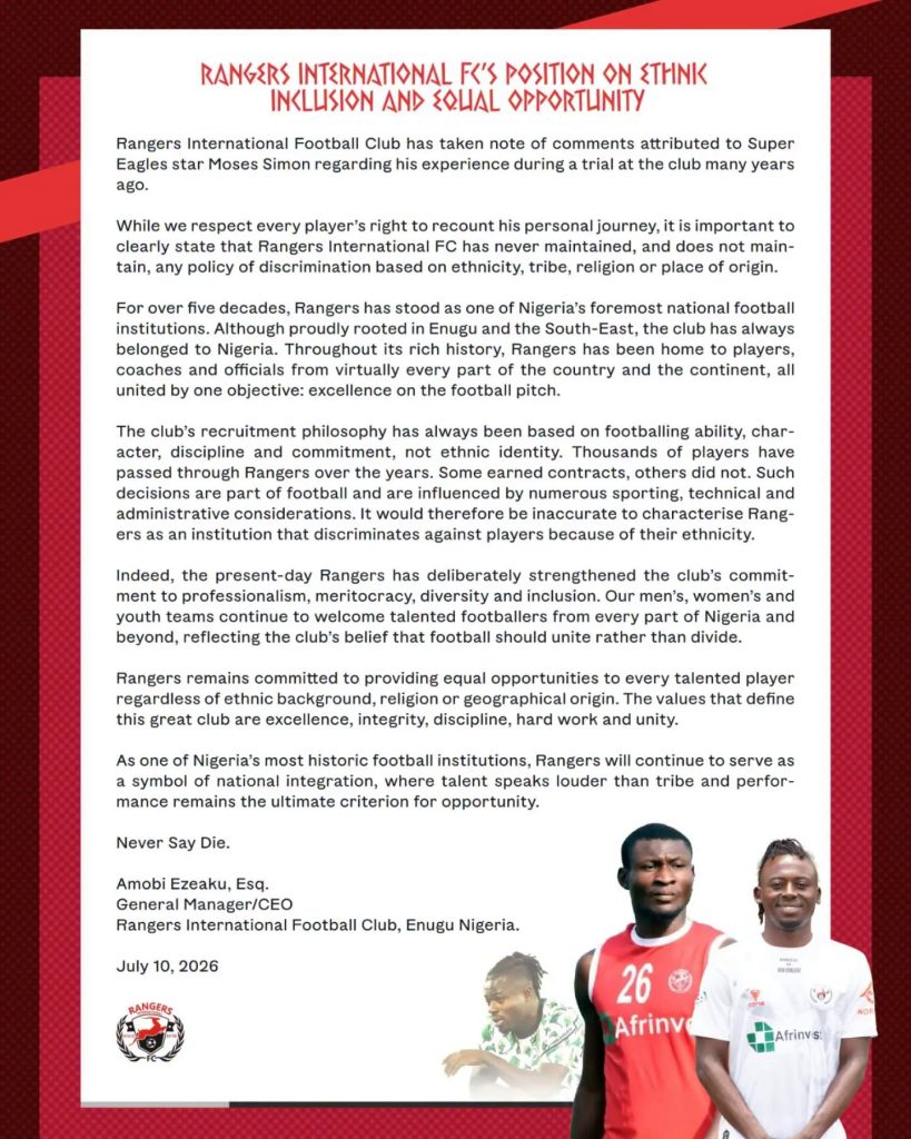 Enugu Rangers Issue Official Statement Denying Moses Simon’s Allegation of Ethnic Discrimination - Photo Credit : Enugu Rangers, Facebook