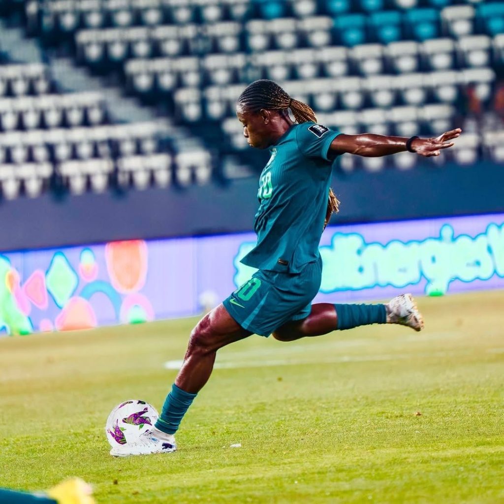 Christy Ucheibe adds Nigeria's fourth goal with a composed finish - Photo Credit : Softfootball Media