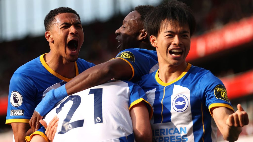 brighton  ce;lebrating their goals. (photo credit: bbc media)
