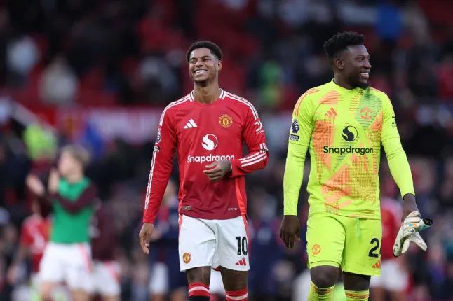 Andre Onana with Marcus Rashford after 4-0 victory over Everton (Photo Credit: Getty)