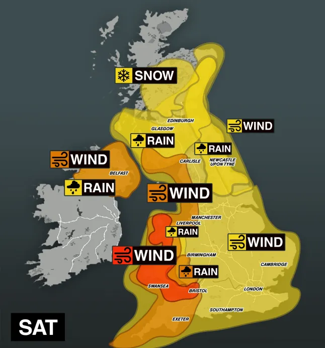 Met Office weather warning map for Saturday (Photo Credit: Getty)