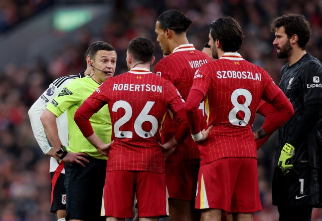 Liverpool players with Referee after controversial Fulham Draw (Photo Credit: Getty)