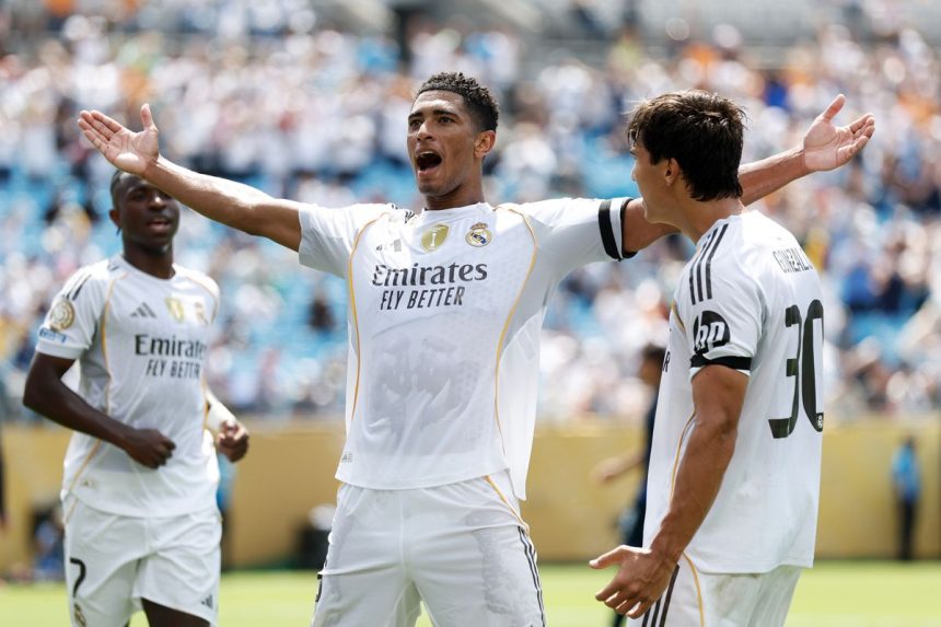 Jude Bellingham celebrates his first goal for Real Madrid (Photo Credit: Getty)