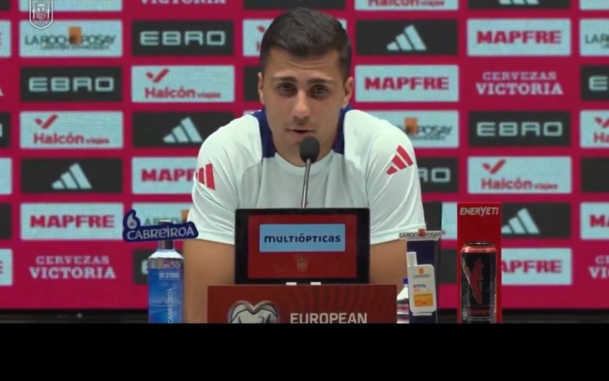 Rodri addressing the press ahead of Sunday's clash against Turkey. (Credit: @SpainIsFootball on X).