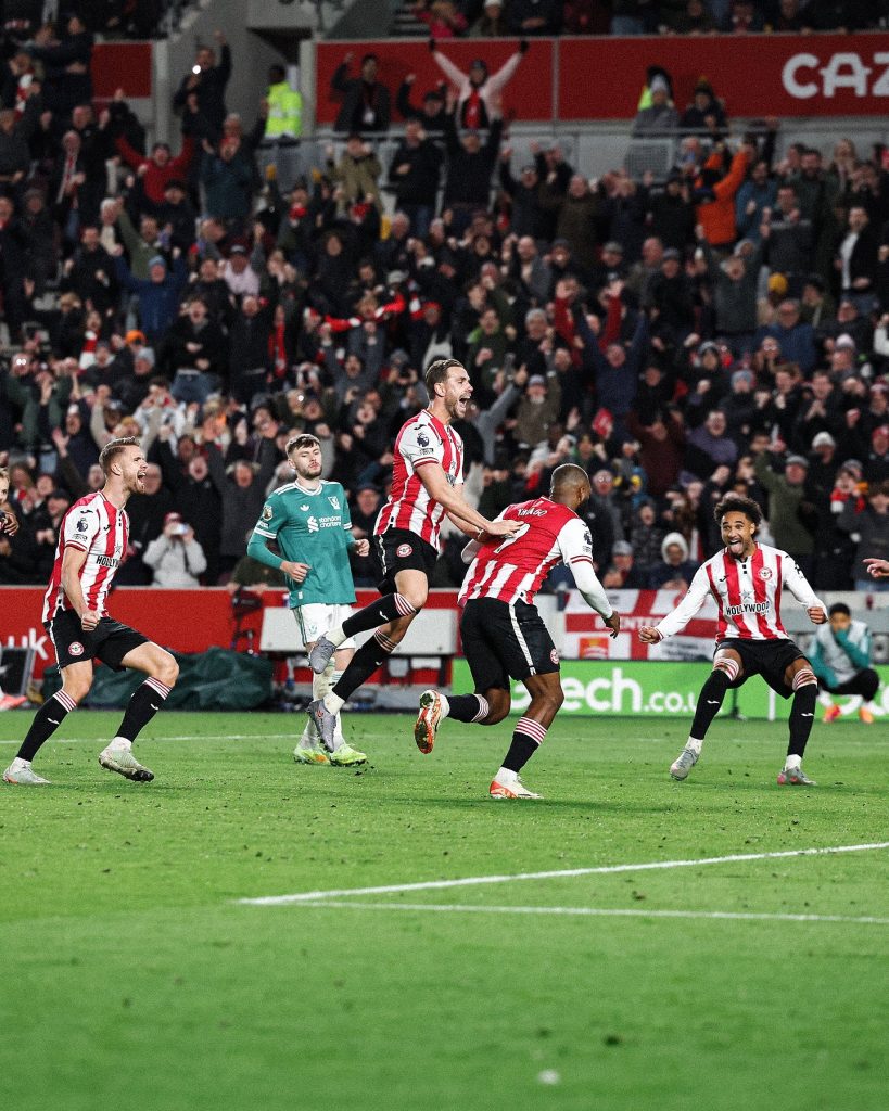 Brentford players celebrating after scoring the third goal against Liverpool (Photo Credit: Brentford X handle)