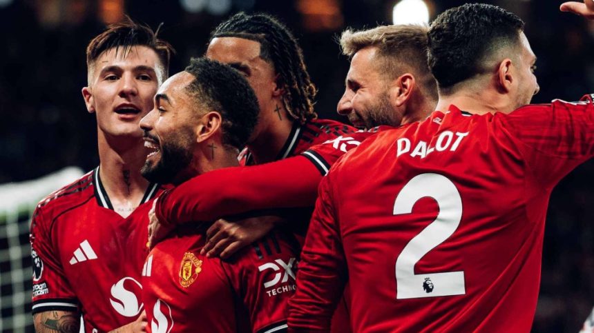 Matheus Cunha celebrates his goal with teammates. Photo credit: Man United Media.