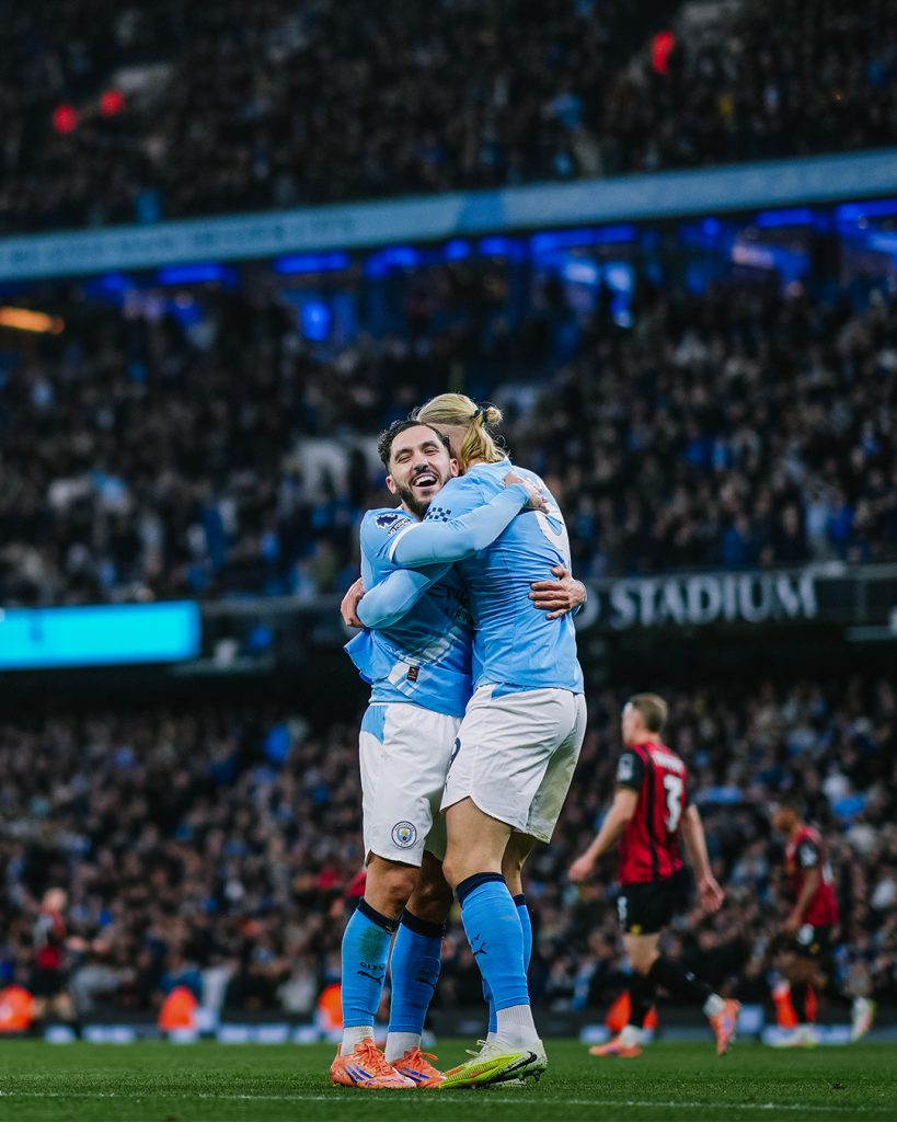 Erling Haaland and Ryan Cherki celebrate after scoring (Photo Credit: Manchester City X handle)