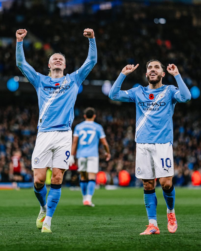 Erling Haaland and Ryan Cherki celebrate after scoring (Photo Credit: Manchester City X handle)