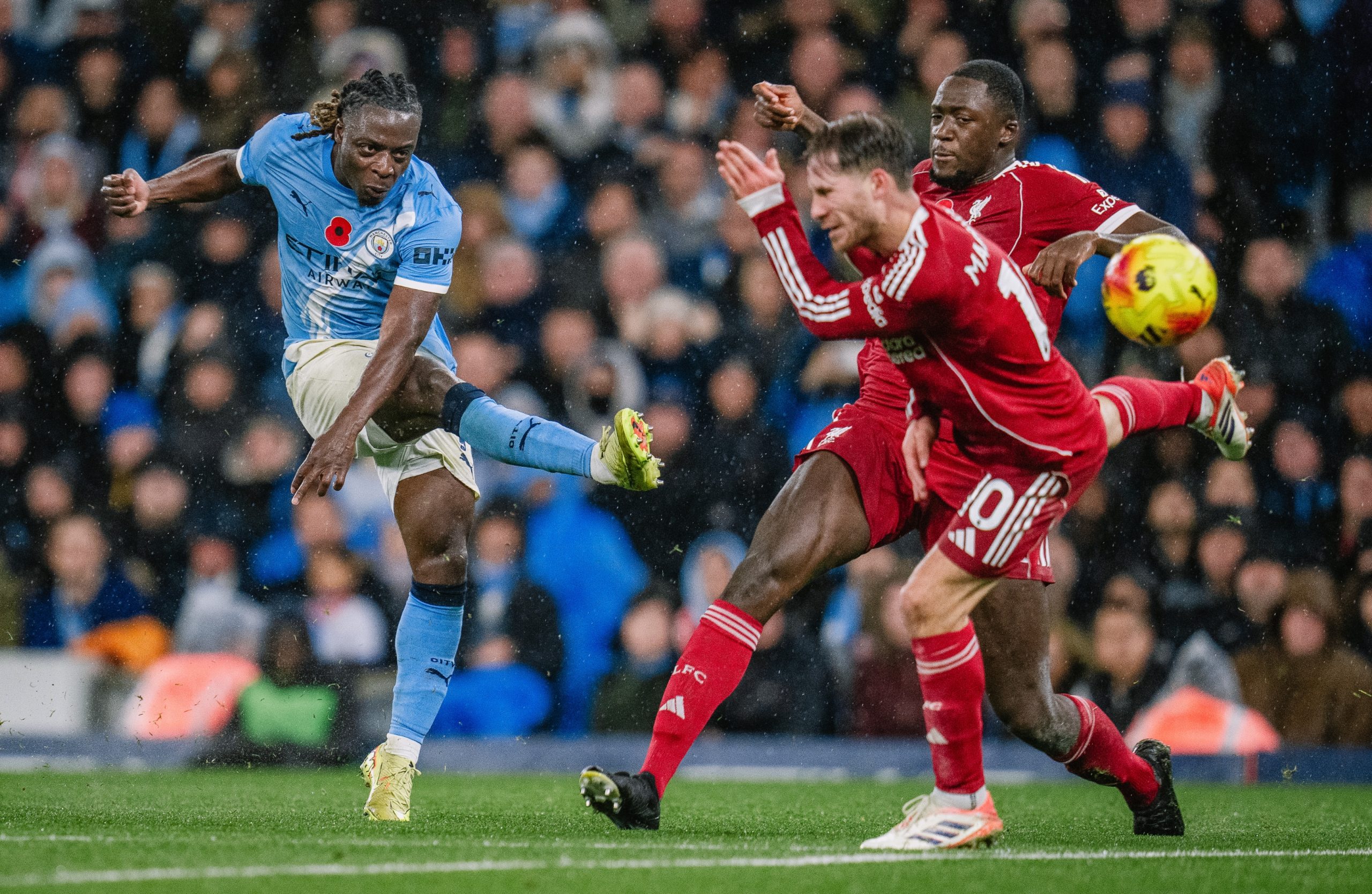 Jerome Doku scoring for Manchester city against Liverpool (Photo Credit: Manchester City X handle)
