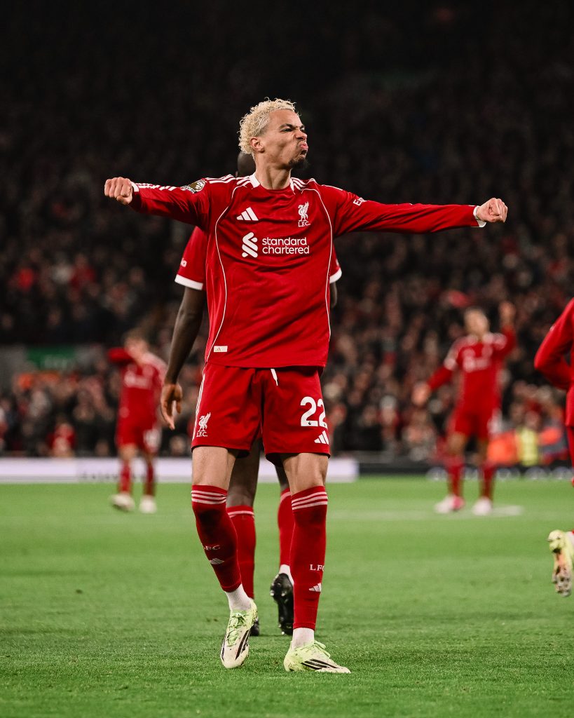 Hugo Ekitike celebrates after scoring (Photo Credit: Liverpool via X)