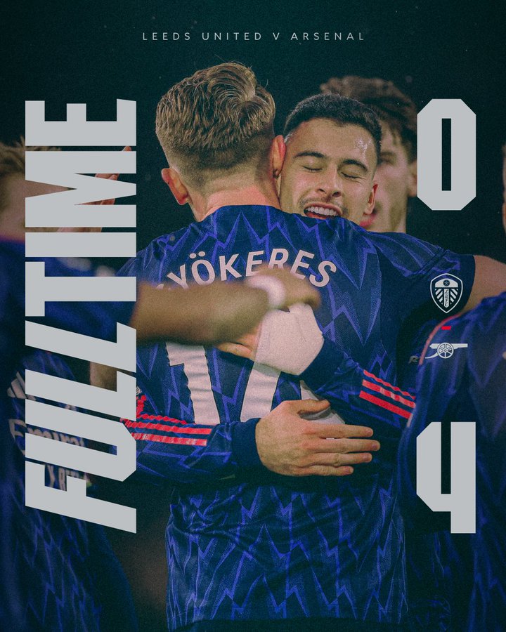 Arsenal celebrating their big win against leeds united.(photo credit: arsenal via x)