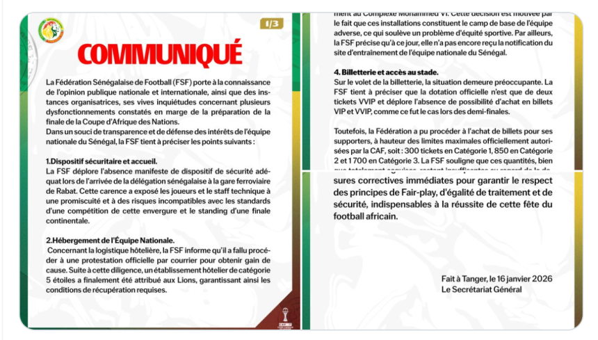 Senegal Raise Security and Fairness Concerns Ahead of AFCON 2025 Final vs Morocco - Photo Credit : Equipe du Sénégal, X