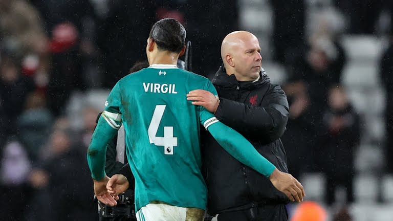 Liverpool manager Arne Slot and Liverpool's Virgil van Dijk after the match - Photo Credit : Softfootball Media