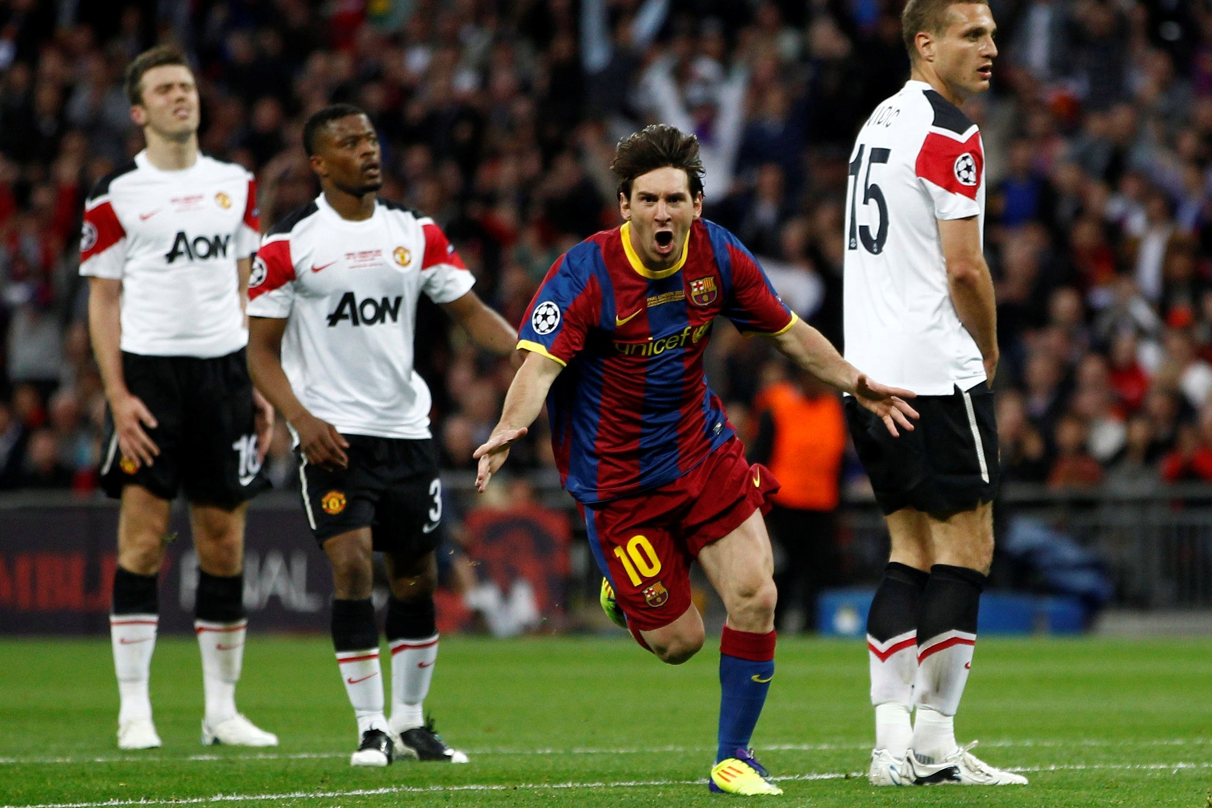 Messi score in a Champions League final in 2011 at the age of 23, playing for FC Barcelona against Manchester United at Wembley Stadium - Photo Credit : Thetimes