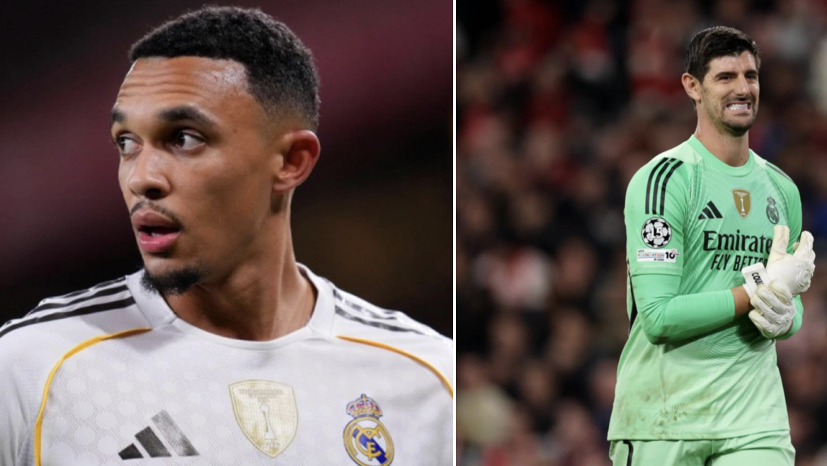 Trent Alexander-Arnold and Thibaut Courtois represenfing Real Madrid against benfica, in 2025/26 Champions league play off - Photo Credit : Softfootball Media
