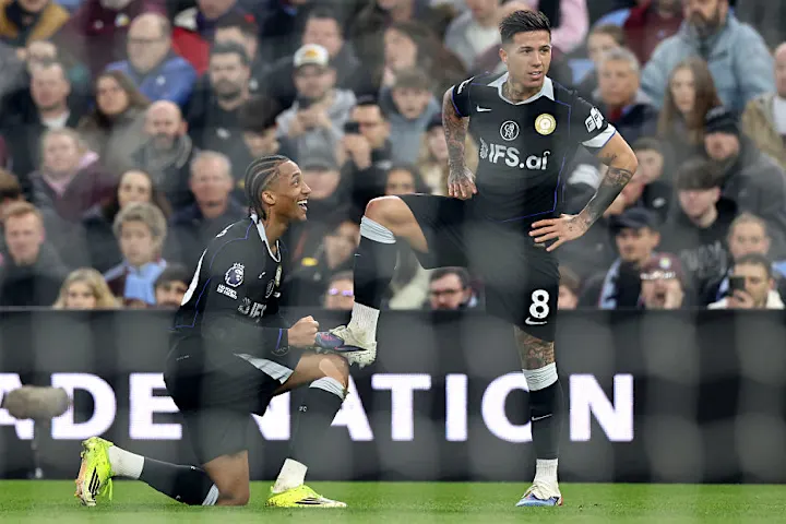 Enzo Fernandez and Joao Pedro celebrating against Aston villa in 4-1 chelsea win - Photo Credit : Sports Illustrated