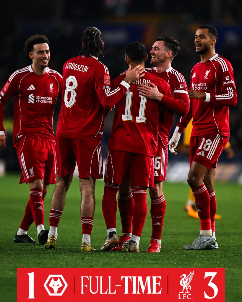 Liverpool Defeat Wolves 3–1 in FA Cup Round 5 to Avenge League Loss - Photo Credit : Liverpool, X