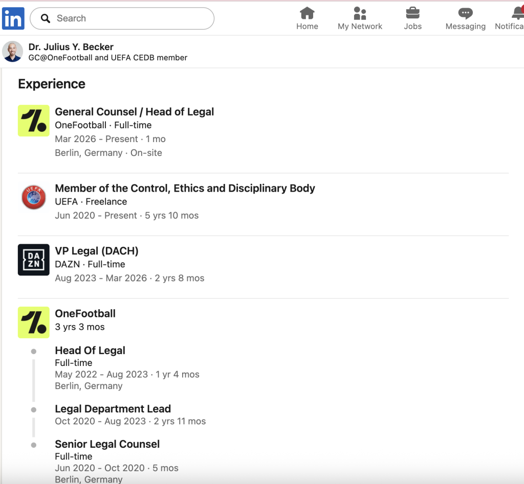 Becker’s LinkedIn profile shows that he previously worked at OneFootball as Senior Legal Counsel from June 2020 before leaving in August 2023. He then joined DAZN as VP Legal, where he served from August 2023 until March 2026 - Photo Credit : Dr. Julius Y. Becker, Linkedin